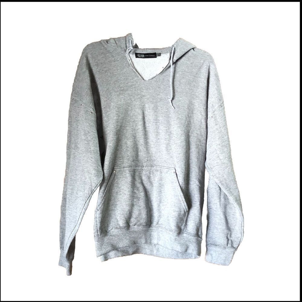 JET John Eshaya V-Neck Heather Rhinestone Detail Pullover Hoodie Gray - M/L
